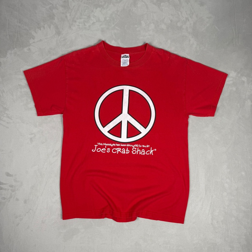 Y2K Mens Joes Crab Shack Peace Love & Crabs Graphic Tee Red Medium